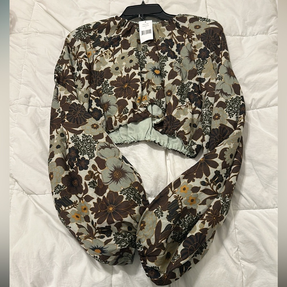 Floral Print Women's Blouse - Brown and Cream